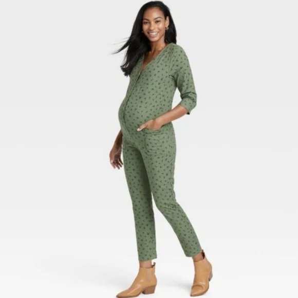 The Nines by HATCH Pants - The Nines by Hatch Button Romper Jumpsuit Green Floral Maternity Size XXL
